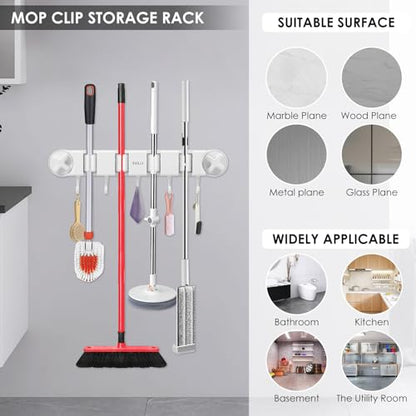 Broom Holder Wall Mount Sturdy Mop and Broom Organizer with 4 Racks and 5 Hooks Vacuum Suction Cup Broom Mop Holder for Home, kitchen, Garden, Tools, Garage - color: white