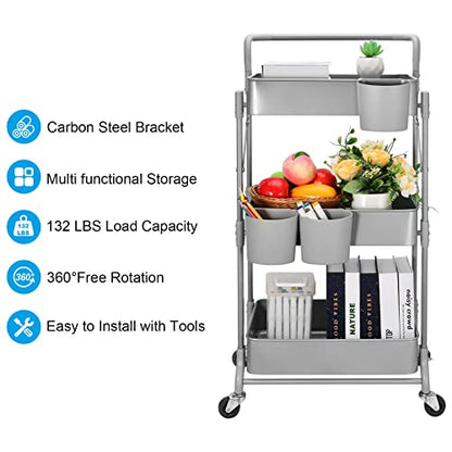 Foldable 3 Tier Metal Utility Rolling Cart, Folding Mobile Multi-Function Storage Trolley Organizer Cart for Home Library Office(Grey) - color: Gray