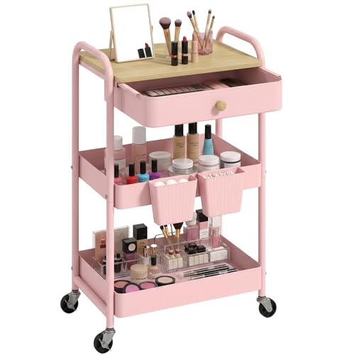 danpinera Rolling Cart with Drawers, Storage Cartwith Locked Wheels, Hooks & Hanging Cups for Any Room, Pink - color: Pink, size: without pegboards