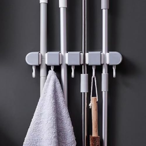 Broom & Mop Holder Wall Mount - 4 Racks & 5 Hooks Storage Organizer for Home, Kitchen, Garage, Garden, Laundry & Bathroom, Space-Saving Utility Rack