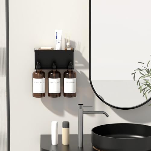 Shampoo and Conditioner Dispenser, Soap Dispenser Wall Mounted, 25.36 fl oz Set of 3 Amber Plastic Bottles Black Pump, Shower Soap Bottles Refillable with Labels for Bathroom