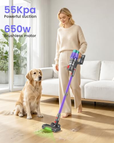 Cordless Vacuum Cleaner, 650W 55KPA 70Min Wireless Vacuum for Home, Stick Vacuum with Green Light Anti-Tangle, Rechargeable Vacuum Cleaners for Pet Hair Carpet Hard Floors （Purple）