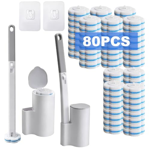 Disposable Toilet Brush and Holder, 2-Piece Wall Mounted Cleaning System with 80 Refills, for Bathroom, Sink and Bathtub