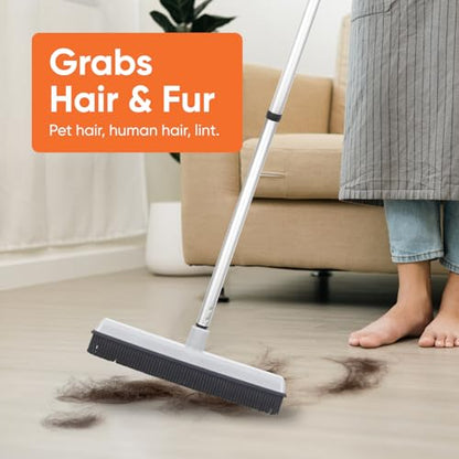 Rubber Bristle Broom for Floors Salon Broom, Rubber Squeegee Broom, Rug Broom, Rubber Rake for Human Hair, Pet Hair, Fur, Lint, Liquid, with 3-Part Handle, Grey - size: Broom - 48" Handle