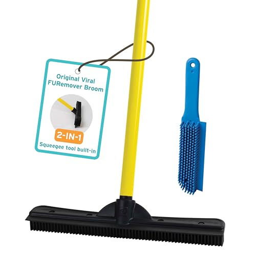 FURemover Pet Hair Removal Rubber Broom, 58" Telescopic Handle with Lint Brush - color: Yellow