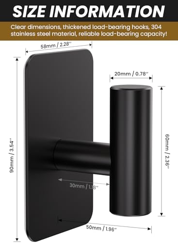 Heavy Duty Adhesive Hooks - 26lb Max, Sticky Wall Hooks Waterproof Stainless Steel for Hanging Towel, Coat, Robe, Towel Hooks Stick on Bathroom, Kitchen, Shower, Door (Black, 4 Pack) - color: Black-Cylinder