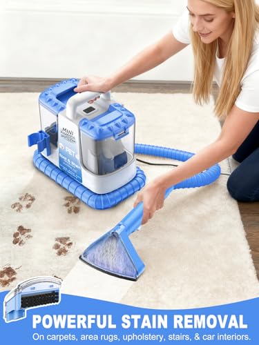 Portable Carpet & Upholstery Cleaner Machine for Pets, Spot, Stain, Couch Cleaner Machine with Powerful Suction and and Cleaning Solution, Car/Auto Detailer, Lightweight Compact Design, Blue - color: Blue w/ Cleaning Solution