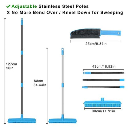 Landhope Fur Remover Broom, Rubber Broom with Squeegee Long Handle, 50 inches Sweeping Rug Brush Clean Carpet Windows Wooden Floor Sofa Bathroom Rugs Car Floor No Scratch - color: Blue Broom and Brush