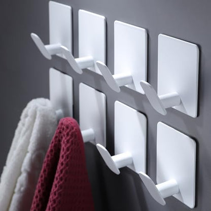 DELITON Adhesive Hooks for Hanging, 8 Pack White Wall/Towel Hooks for Bedroom Kitchen No Drill, Heavy Duty Sticky Shower Hook for Robes Coats Waterproof Stainless Steel - color: White-8