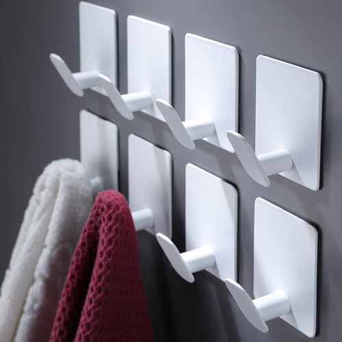 DELITON Adhesive Hooks for Hanging, 8 Pack White Wall/Towel Hooks for Bedroom Kitchen No Drill, Heavy Duty Sticky Shower Hook for Robes Coats Waterproof Stainless Steel - color: White-8