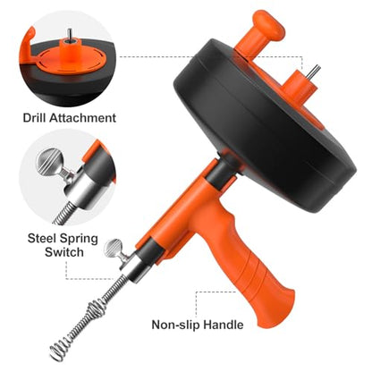 35ft Drain Snake Auger, Plumbing Snake With Drill Adapter, Heavy Duty Flexible Sink Steel Plumbing Auger Bathroom Hair Clog Removal Tool, Manual Or Powered - No auto retract or feed