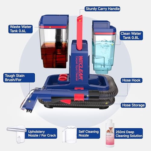 WECLEAN C5 Portable Carpet & Upholstery Spot Cleaner Machine,Deep Cleaning for Carpet,Car Couch, with Deep Cleaning Solution - color: Blue red