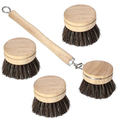 Wooden Dish Brush Set, 4 Natural Bristle Replacement Heads with 1 Sturdy Wooden Handle, Horsehair Kitchen Scrub Brush for Pots, Pans, Vegetables and Cookware - size: Soft