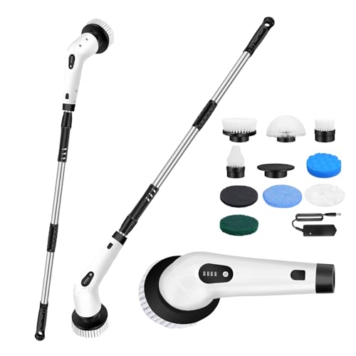 VickyHome Electric Spin Scrubber, 3200RPM Electric Cleaning Brush, Floor Scrubbing Brush with 10 Replaceable Brush Heads, Tool Free Adjustable Handle, Variable Speed Electric Scrubbing Brush