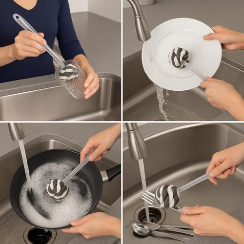 Glass Sponge Dish Brush with Handle – 11.5" Puff Head Kitchen Cleaning Brush for Glasses, Bottles, Dishes & Vases – Soft Layered Sponge with Ergonomic Clear Handle - color: Gray