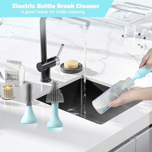 Electric Baby Bottle Brush Set with Rechargeable Electric Bottle Brush Cleaner and Replaceable Silicone Bottle Brushes and Straw Brush Cleaner, Waterproof Multi-Purpose Cleaning Brush(Blue) - color: Blue