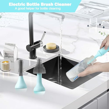 Electric Baby Bottle Brush Set with Rechargeable Electric Bottle Brush Cleaner and Replaceable Silicone Bottle Brushes and Straw Brush Cleaner, Waterproof Multi-Purpose Cleaning Brush(Blue) - color: Blue