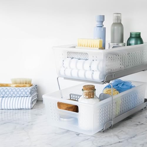 madesmart 2 Tier Bath Organizer, Undersink Storage with Sliding Drawers, for Cleaning Supplies, Pantry, Sponges, Bottles & Kitchen Essentials, Adjustable Dividers & Pull Out Sliding Baskets, Frost - size: 1-Pack