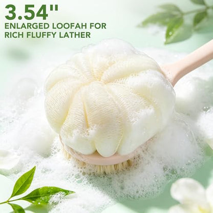 Back Scrubber for Shower, 15.7" Loofah with Handle, Back Shower Brush with Bristles and Loofah, Dry Brushing Body Brush for Cleanse Back and Hard to Reach Areas with Curved Long Handle, Pink - color: Pink