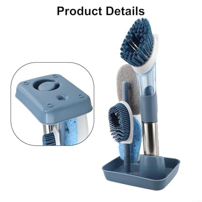 FABULETTA Kitchen Cleaning Brush with Soap Dispenser, Long Handle Dish Scrubber for Pots Pans, Automatic Detergent Dispensing Scouring Pad, Stainless Steel Sponge Brush for Sink(Blue)
