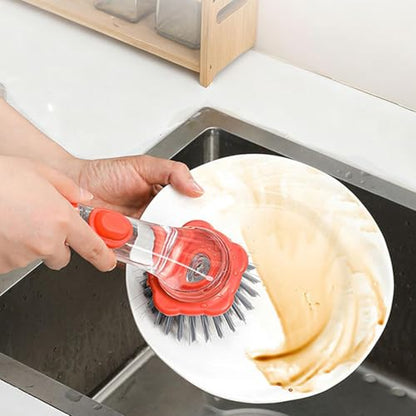 Dish Scrubber with Soap Dispenser | Ergonomic Cleaner Scrubber with Handle,Dish Cleaning Brush - for Pots Stoves Pans Kitchen Home Dorm Appliances Dishwashing - color: Orange