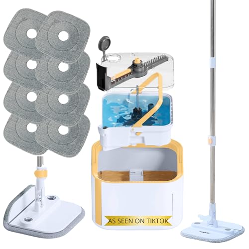 Mop and Bucket System PRO with Removable Water Tank Duo Bucket & Spin Mop System, Self Wringing, Separates Clean from Dirty Water, Folding Head, Dual Brush System, 8-pc Machine Washable Pads - size: Mop & Bucket, 8 Mop Pads