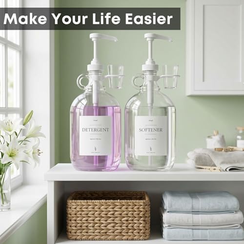 2 Pcs Glass Liquid Laundry Detergent Dispenser with Cup Holders, Half Gallon Dispenser for Laundry Room (64 oz. Each), Laundry Detergent Bottles with Pump Dispenser -Includes Labels, Measuring Cups