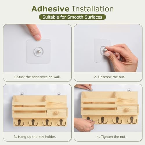 Key Holder Wall Mount, Wooden Adhesive Mail and Key Organizer with Drawer, Small Shelf, 8 Hooks, 2 Installation Methods, Natural - color: Natural