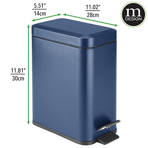 mDesign Small Modern 1.3 Gallon Rectangle Metal Lidded Step Trash Can, Compact Garbage Bin with Removable Liner Bucket and Handle for Bathroom, Kitchen, Craft Room, Office, Garage - Navy Blue - color: Navy, size: 1.3 Gallon