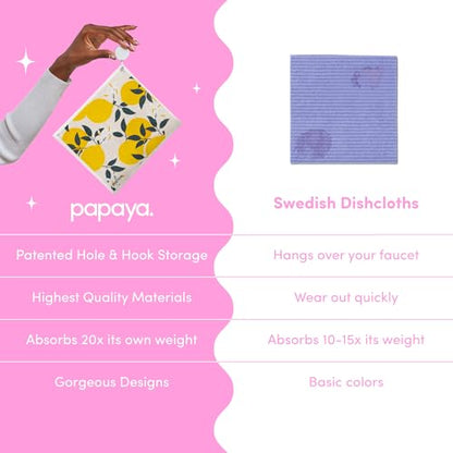 Papaya Reusable Paper Towels, Premium Swedish Dishcloths with Hook, Non-Scratch Reusable Paper Towel, 1 Sheet Replaces 17 Rolls - 2 Sheets, 1 Hook - color: Squeeze the Day