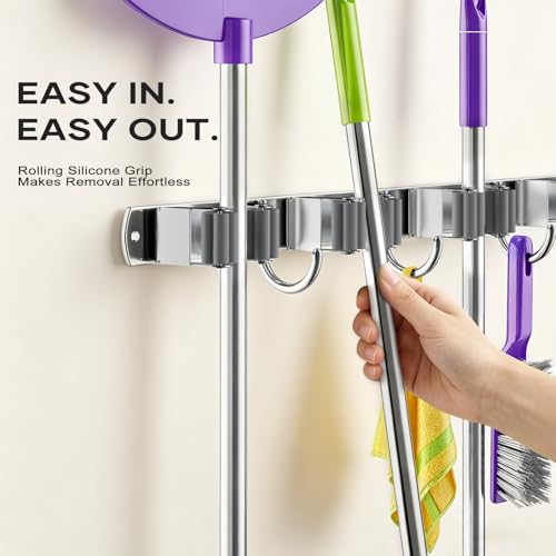 Broom Mop Holder Wall Mount, Heavy Duty Stainless Steel Mop Organizer with 5 Clamps and 4 Hooks, Wall Mounted Cleaning Tool Storage Rack for Home, Garage, Laundry Room and Garden