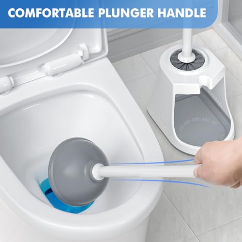 LOVLOY Toilet Plunger and Brush with Holder, Bowl Brush and Heavy Duty Toilet Plunger Set with Ventilated Holder, 2-in-1 Toilet Brush and Plunger Combo for 5.3-inch Toilet Drain New Pack (White, 1) - color: White