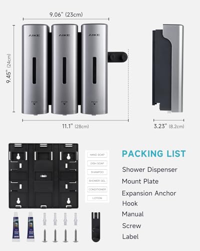 AIKE 3 Chambers Shower Shampoo and Conditioner Dispenser 3 x 11.8 fl.oz. for Bathroom(Silver) - color: Silver, size: Triple Chamber