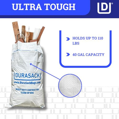 DURASACK Contractor Bags Heavy Duty 40-Gallon Reusable White Woven Polypropylene Contractor Garbage Bags, Pack of 16