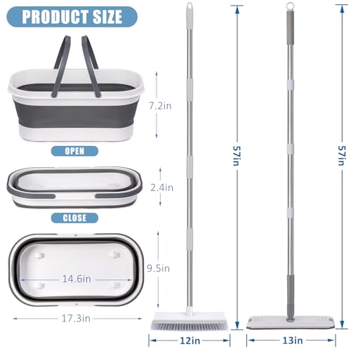 Flat Mop and Bucket Set with Heavy Duty Scrub Brush, 2 Washable Reusable Microfiber Pads, for Tile Hardwood, Wall Cleaning, Home Indoor or Outdoor Cleaning (White-Gray) - size: 5Pcs
