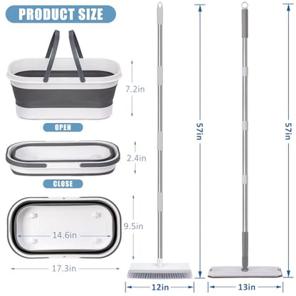 Flat Mop and Bucket Set with Heavy Duty Scrub Brush, 2 Washable Reusable Microfiber Pads, for Tile Hardwood, Wall Cleaning, Home Indoor or Outdoor Cleaning (White-Gray) - size: 5Pcs