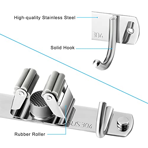 Broom and Mop Holder Wall Mounted, Broom Hanger Storage Rack, Stainless Steel Mop Hanger, Dustpan Holders with 2 Racks and 3 Hooks, Heavy Duty utility hooks for hanging brooms and mops