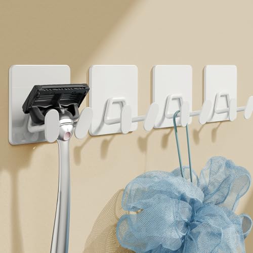 susswiff Adhesive Shower Hooks for Inside - Extra Sticky Stainless, Razor Holder Shower Accessories, Wall Mounted Self-Adhesive Double Hooks for Razor, Loofah, Towel, Shaver, Coat, Key, White, 4 Pack - color: White, size: 4 Pack