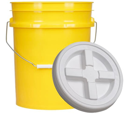 House Naturals 5 Gallon Plastic Yellow Food Grade Made in USA Bucket Pail with Double Gasket Screw on Lid (Pack of 3) (Yellow and White lids) - color: Yellow and White Lids