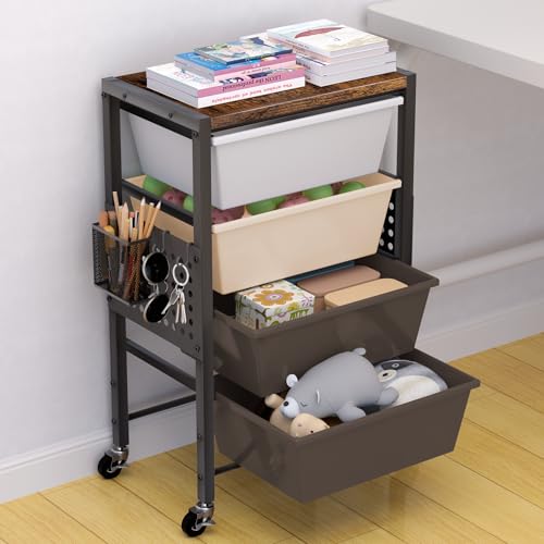 Rolling Cart with Drawers, Rolling Storage Cart with Large Plastic Drawers & Wooden Tabletop, Utility Cart with Pegboards & Basket, Storage Drawers Cart for Living Room, Classroom, Bedroom, Office - color: Brown, size: 4 Drawers