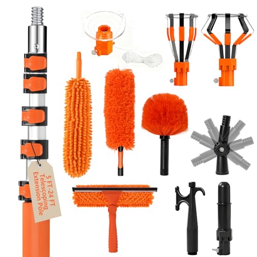 30FT Light Bulb Changer for High Ceilings with 5-24FT Heavy Duty Extension Pole,High Ceiling Fan Duster Extendable Reusable Cobweb,Feather,Window Cleaning Squeegee Kit for Home & House,Interior Roof - color: Orange, size: 24 feet