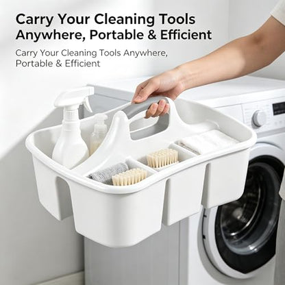 5 Gal Large Cleaning Caddy with Handle, White Plastic Cleaning Supplies Organizer with Compartments, Portable Shower Caddy for Dorm and Bathroom, Heavy Duty Utility Tote for Housekeeping