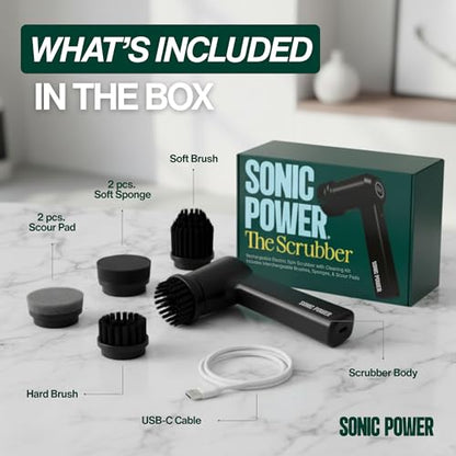 SonicPower Electric Spin Scrubber – Handheld & Ergonomic, IPX7 Waterproof, 4 Multi-Purpose Brush Heads, Long-Lasting Rechargeable Battery – Cleans Dishes, Bathroom, Tile, Grout & Kitchen (Black) - color: Black