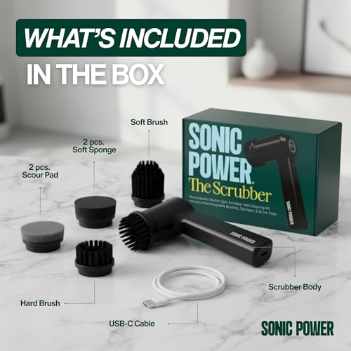 SonicPower Electric Spin Scrubber – Handheld & Ergonomic, IPX7 Waterproof, 4 Multi-Purpose Brush Heads, Long-Lasting Rechargeable Battery – Cleans Dishes, Bathroom, Tile, Grout & Kitchen (Black) - color: Black