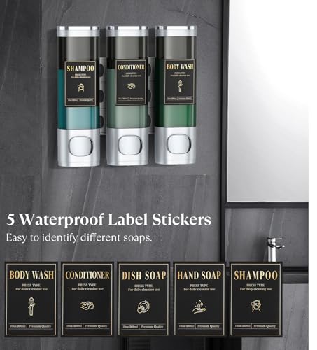 Luxspire Shampoo and Conditioner Dispenser, No Drill Wall Mounted Shower Soap Dispenser 3 Chamber with Waterproof Labels, Easy Refill Soap Dispenser for Bathroom Hotel Kitchen, Silver - color: Silver, size: 3 Chamber