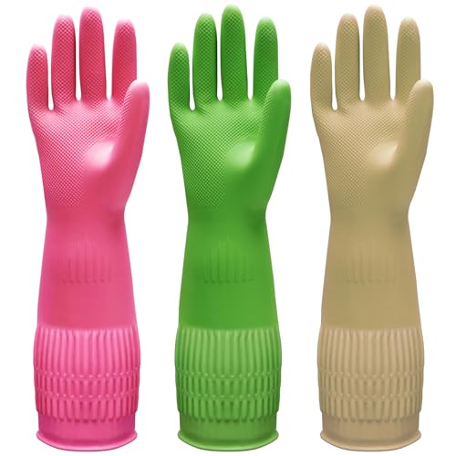 Bamllum 3 Pairs of Rubber Dishwashing Gloves for Kitchen and Household Cleaning – Long Cuff 15", Reusable, Flexible Long-lasting and Non-Slip (Red+Yellow+Green, Large) - size: L(Best for Medium Hands)