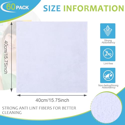 Nuenen Microfiber Cleaning Cloths for Cars 16 x 16 Inch Ultra Absorbent Car Towels Drying Reusable Cleaning Supplies House Kitchen Window Microfiber Towel(White,60 Pcs) - color: White