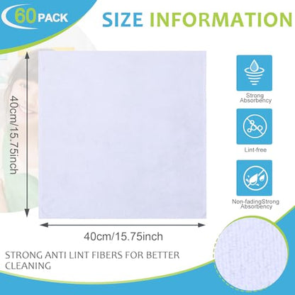 Nuenen Microfiber Cleaning Cloths for Cars 16 x 16 Inch Ultra Absorbent Car Towels Drying Reusable Cleaning Supplies House Kitchen Window Microfiber Towel(White,60 Pcs) - color: White