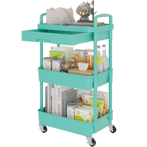 Calmootey 3-Tier Rolling Utility Cart with Drawer,Multifunctional Storage Organizer with Plastic Shelf & Metal Wheel,Storage Cart for Kitchen,Bathroom,Living Room,Office,Green - color: Green, size: 3-Tier