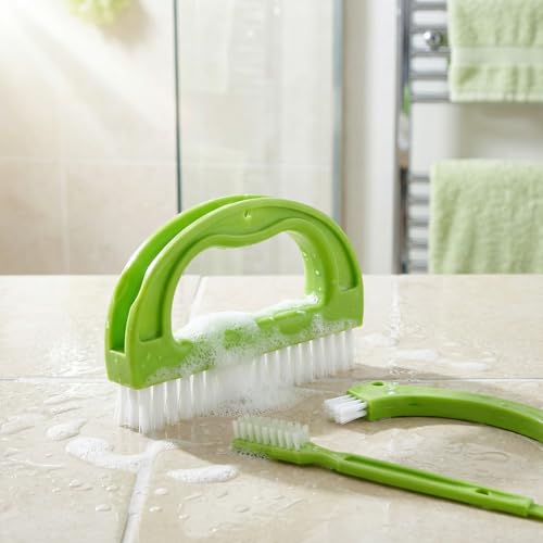 Crevice Cleaning Brush Set, Green 3-Piece Floor Gap and Detail Scrubber Kit with Hand Grip Cleaner and Narrow Angled Head, for Tile Lines, Sink Edges, Baseboards Maintenance